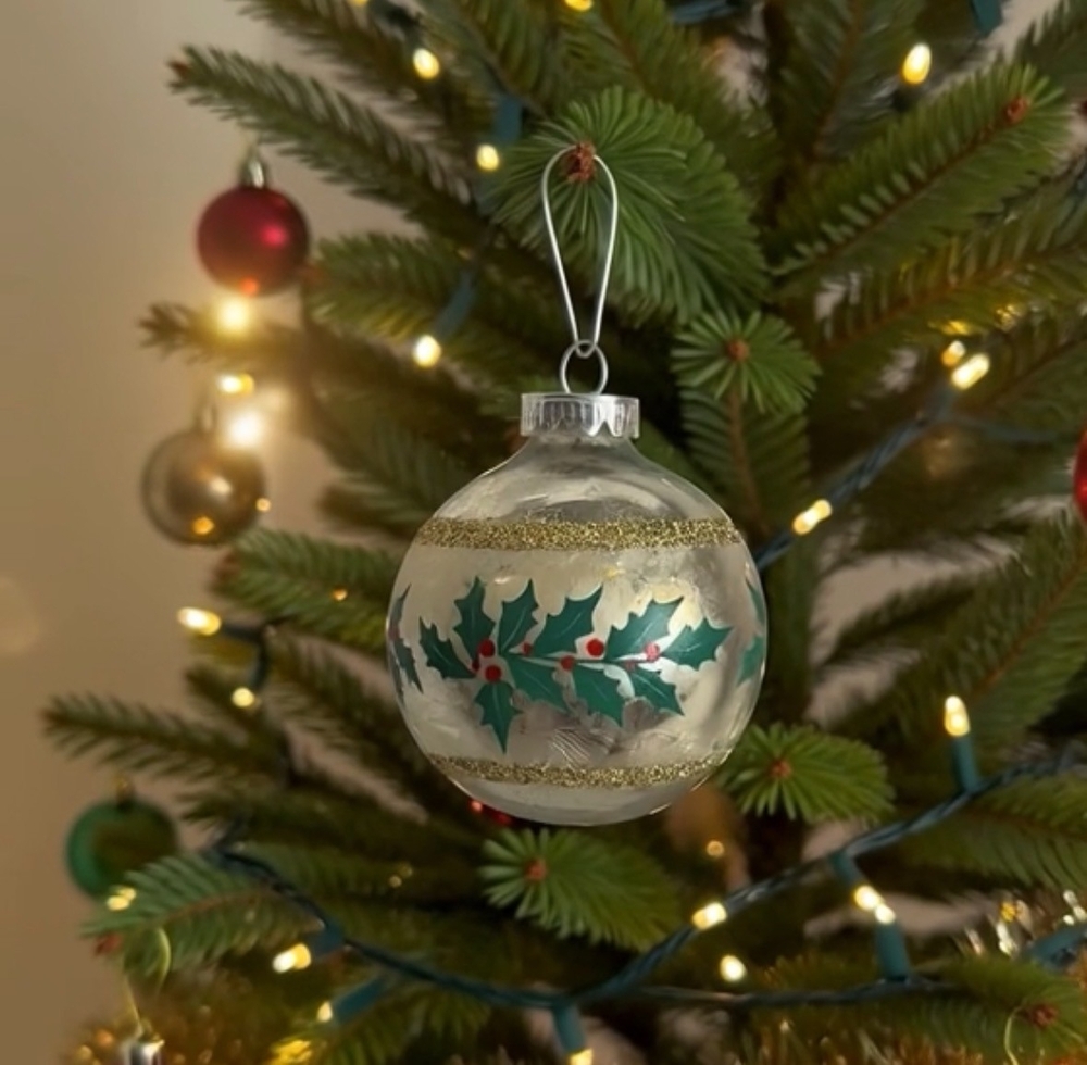 Vintage Austrian Silver Glass Ball Christmas Ornament Holly Band Decor Good